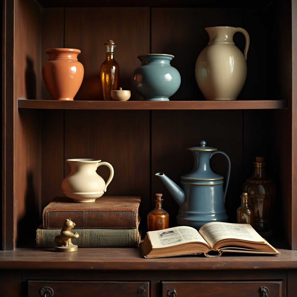A curated display of vintage ceramics, glass, and small antique objects arranged on a wooden shelf
