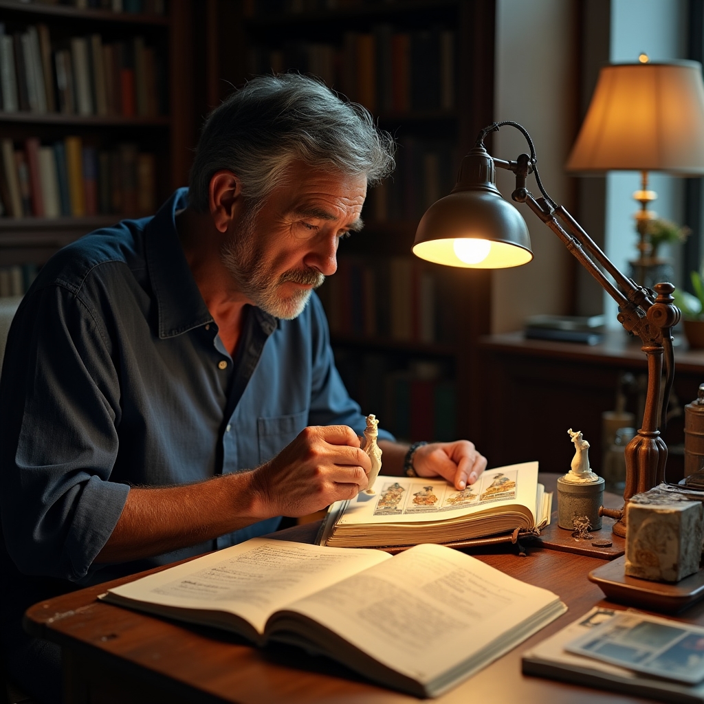 A collector examining a small antique figurine under a magnifying lamp with reference books and handwritten notes spread across a wooden desk