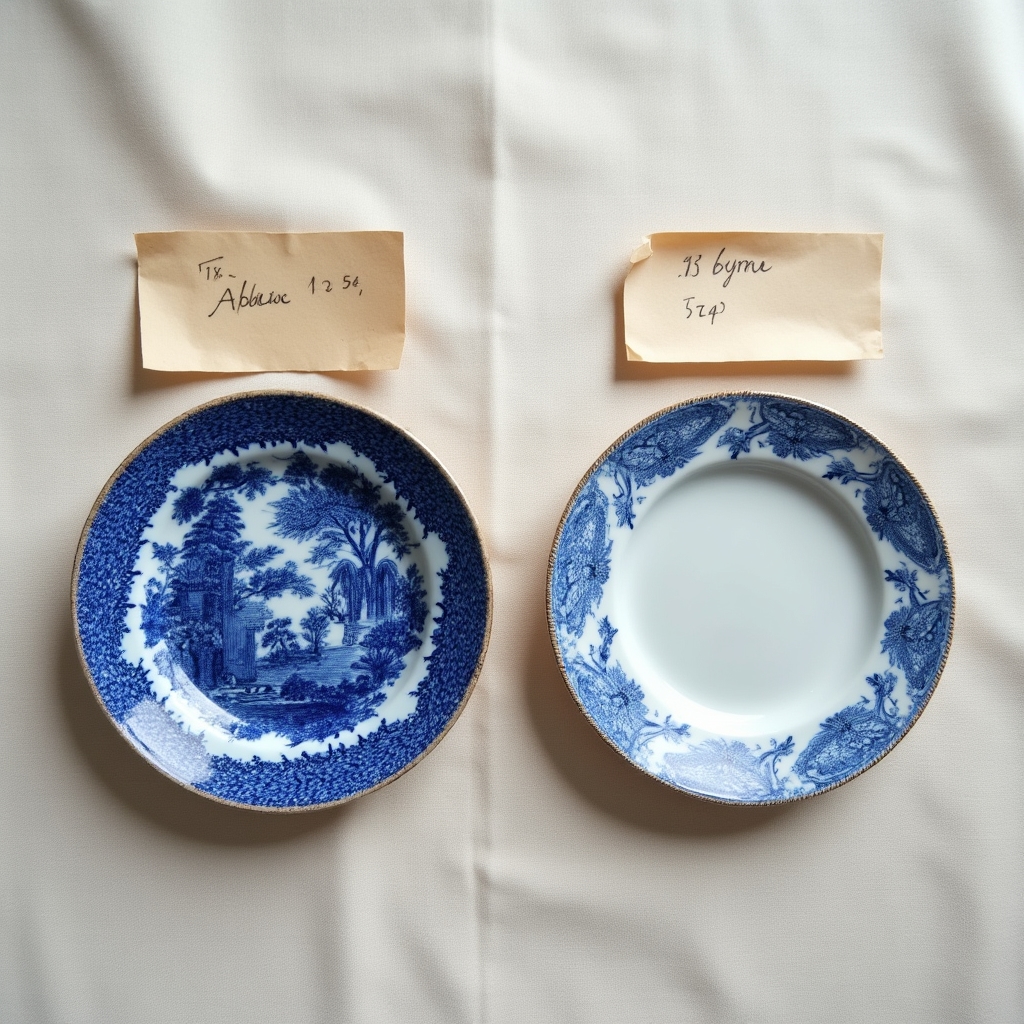 Side-by-side comparison of an authentic antique ceramic piece and a later reproduction showing subtle differences in glaze and marking style