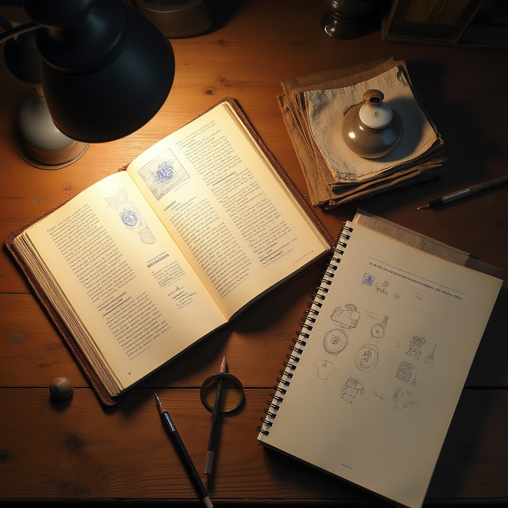 An open reference book showing ceramic marks alongside a notebook with handwritten research notes and a small ceramic piece