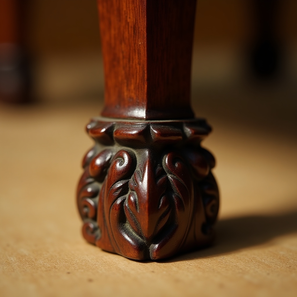 Close-up detail of carved wooden furniture leg showing patina and age marks on an antique chair